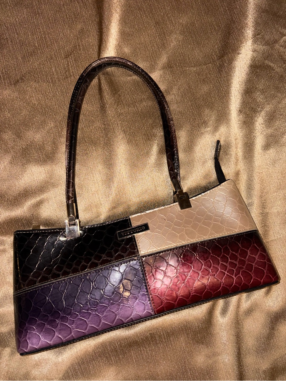 Vittorio Patchwork Leather Shoulder Bag in Black, Beige, Purple & Burgundy